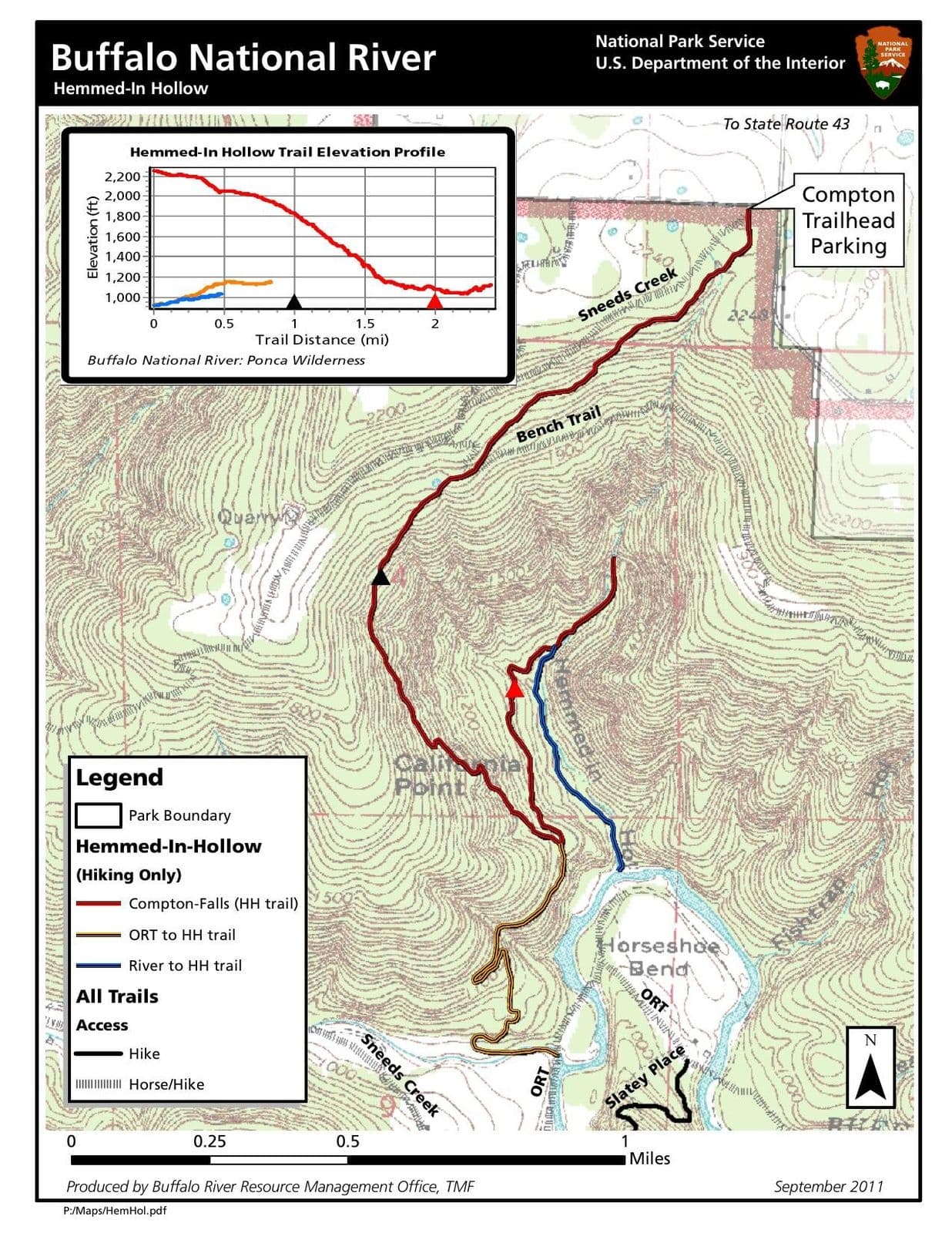 Hemmed-in-Hollow topographic route map