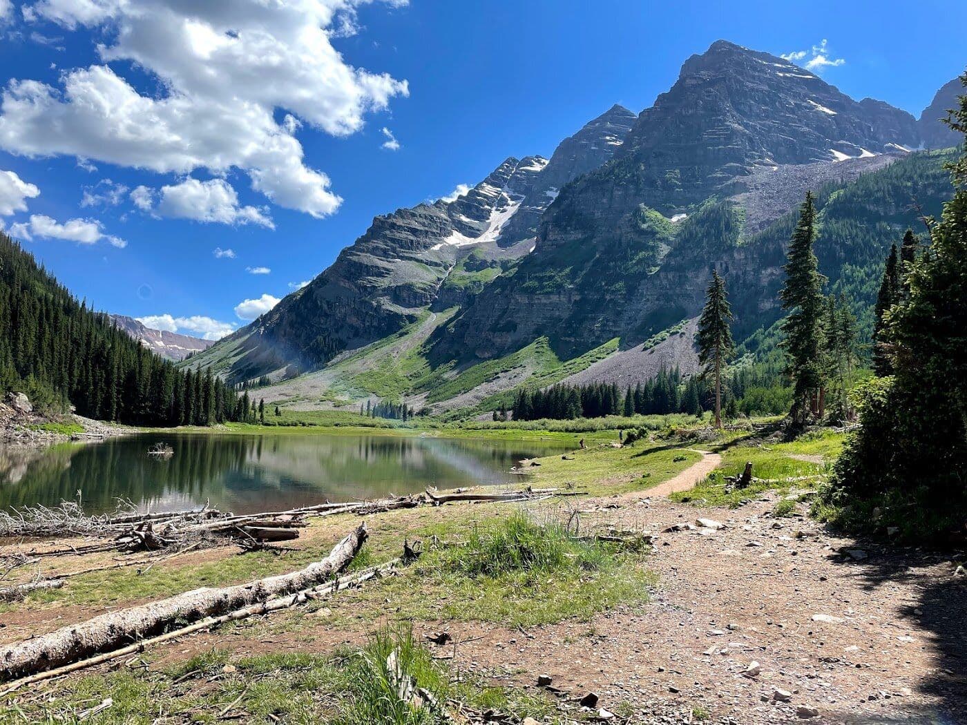 Maroon Bells reflected in an alpine lake