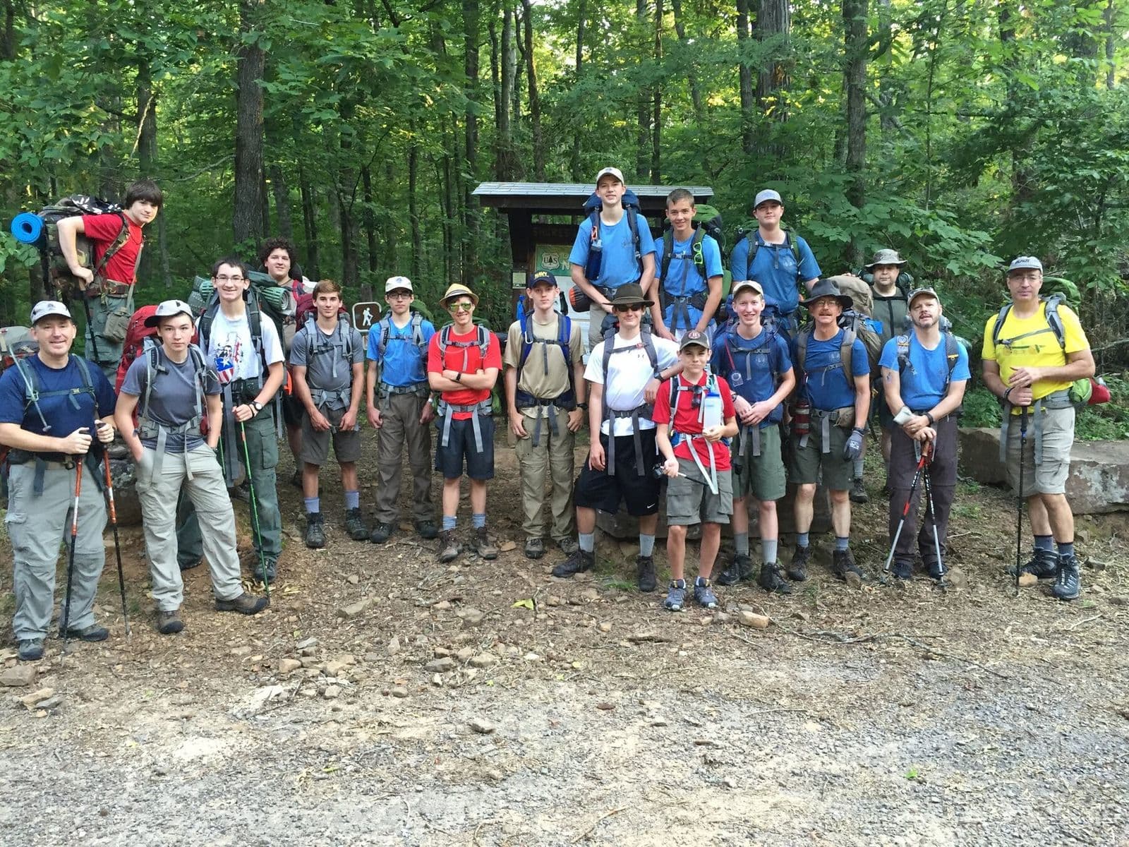 Backpacking crew on a forest trail